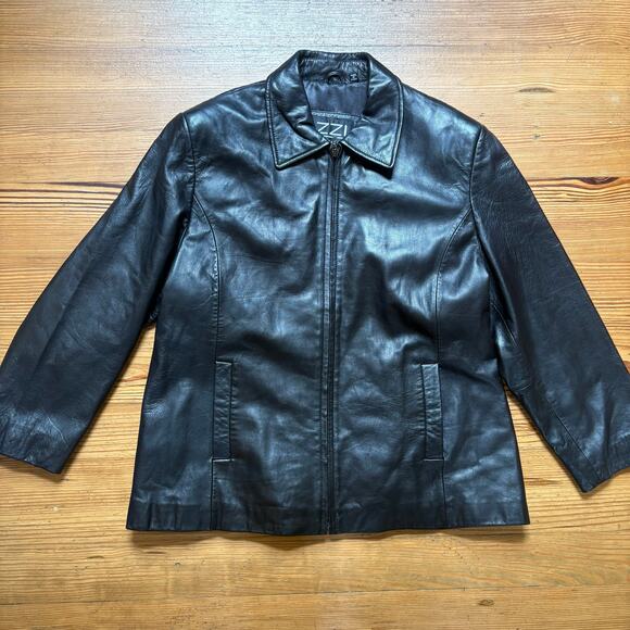 IZZI Collections black leather full zip collar bomber jacket SIZE L - Picture 1 of 6